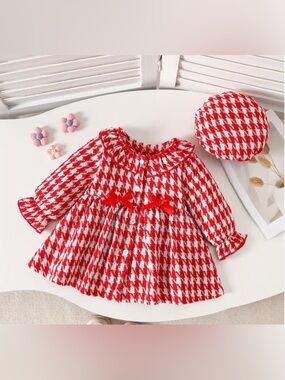 Boutique Toddler Girl Red Houndstooth Dress & Beret Hat Set - Size 2-3Y (EUC)